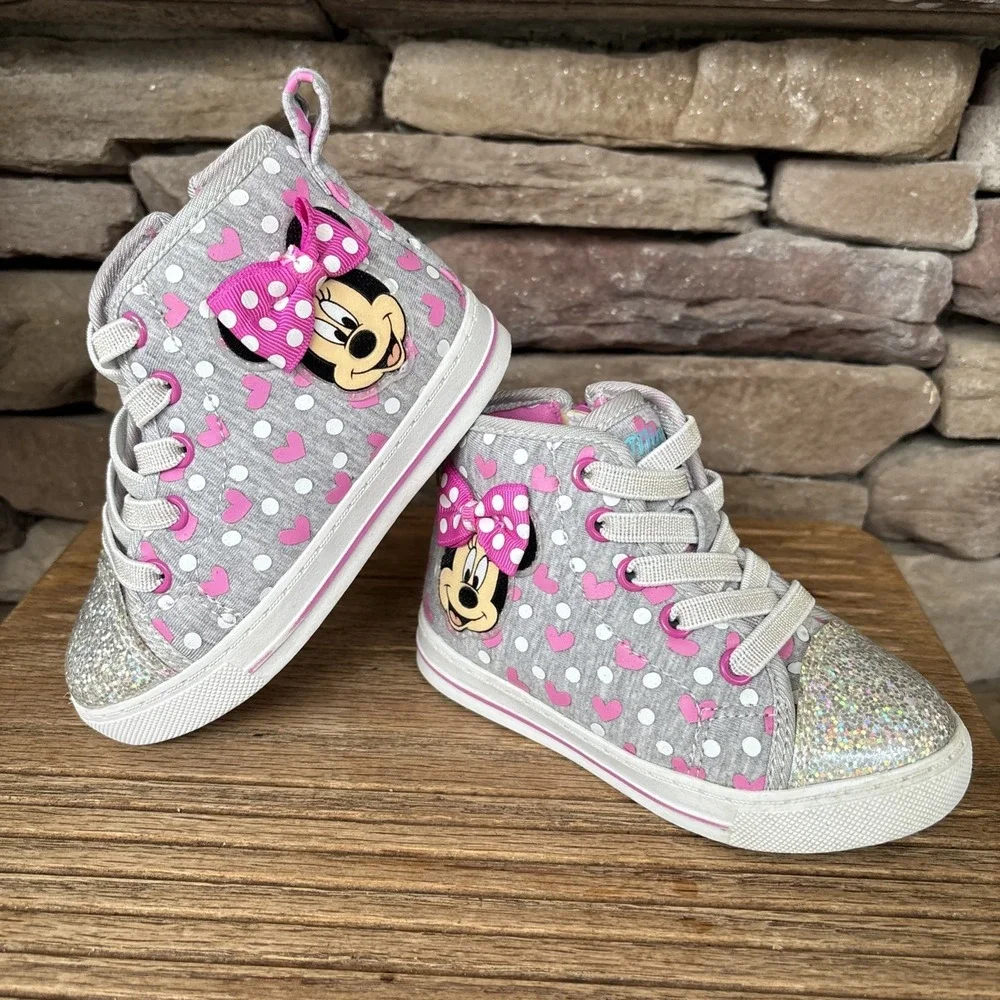 Disney Minnie Mouse High Top Light Up Size 7 Toddler Pre Laced Zip Sides EUC